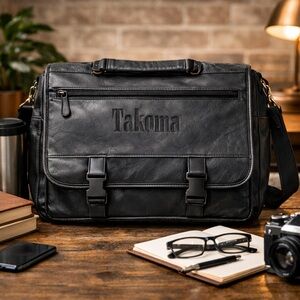 Vintage Black Leather Messenger Laptop Bag Multi Pocket Work Bag Toppers